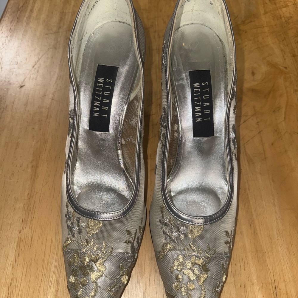Stuart Weitzman Silver and Gold Heels with Intricate Design
